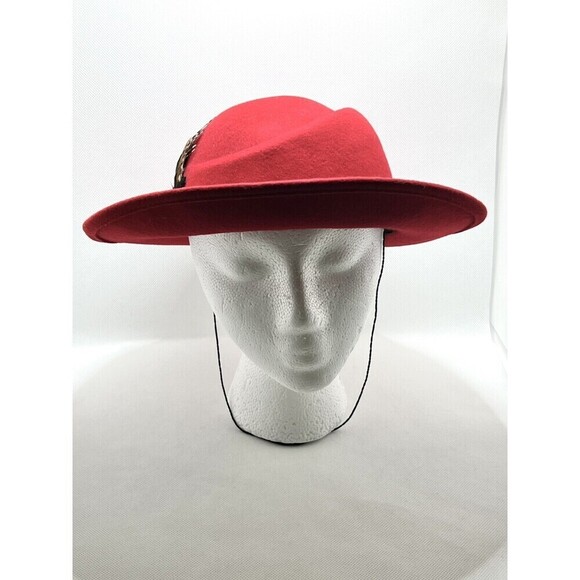 LANCASTER 100% Wool RED Hat With Feathers Black Patent Trim Made in USA - Picture 2 of 7